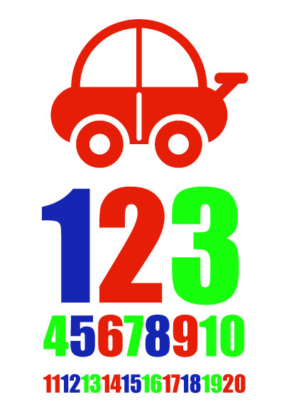 Tal-plakater til børn - Multifarvede tal med bil