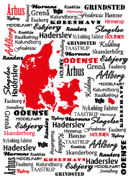 Plakater med kort og byer - Plakat - Danmarkskort og bynavne - sort/rød