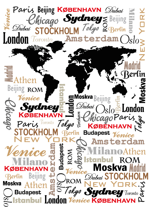 Plakater med kort og byer - Plakat - Verdenskort med navne på byer - sort/rød/beige